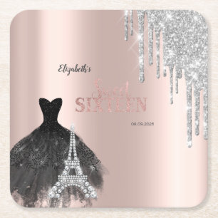 Glitter Drips,Dress,Eiffel Tower Sweet 16 Square Paper Coaster