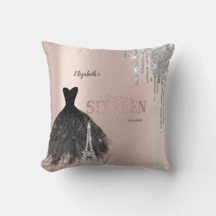 Glitter Drips,Dress,Eiffel Tower Sweet 16 Throw Pillow
