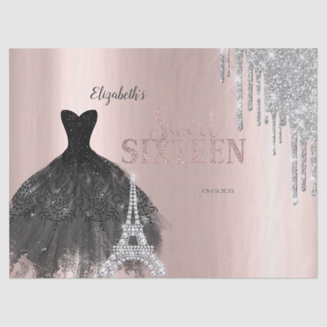 Glitter Drips,Dress,Eiffel Tower Sweet 16 Tissue Paper (Front)