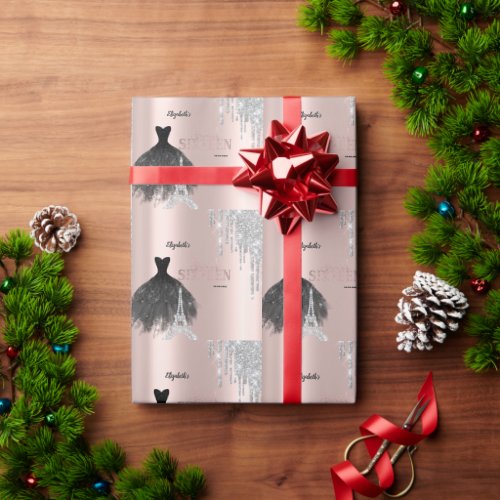 Glitter Drips,Dress,Eiffel Tower Sweet 16 Wrapping Paper
