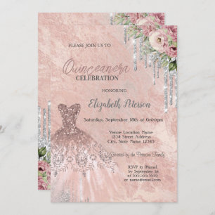 Glitter Drips,Dress Floral Chic Quinceanera Invitation