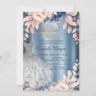 Glitter Drips Dress Flowers Blue Metallic 18th Invitation