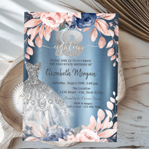 Glitter Drips Dress Flowers Blue Metallic 18th Invitation