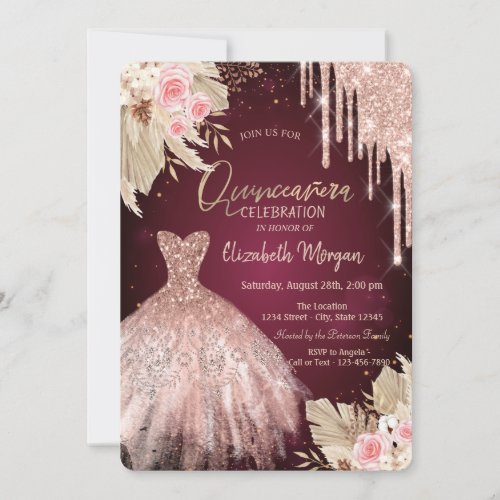 Glitter Drips Dress Flowers Burgundy Quinceaera Invitation