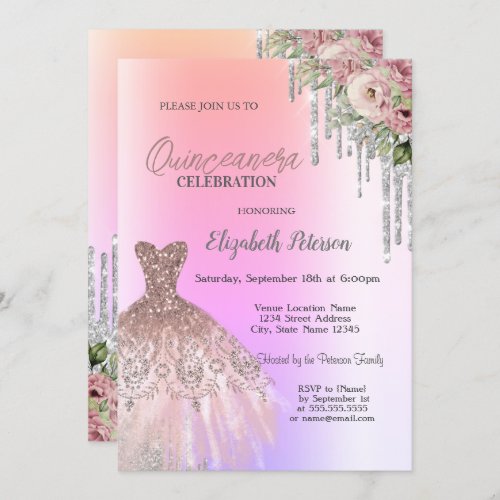 Glitter DripsDress Flowers Ombre Quinceanera Invitation