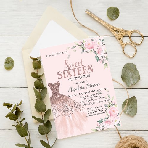 Glitter DripsDressFlowers Pink Sweet 16  Invitation