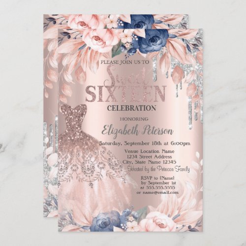 Glitter DripsDressFlowers Rose Gold Sweet 16 Invitation