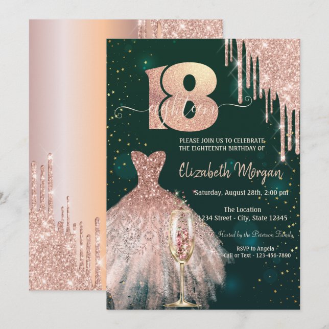 Glitter Drips Dress Glass Green 18th Birthday Invitation | Zazzle