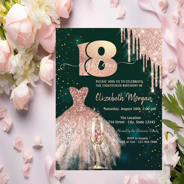 Glitter Drips Dress Glass Green 18th Birthday Invitation | Zazzle Glitter Drips Dress Glass Green 18th Birthday Invitation | Zazzle