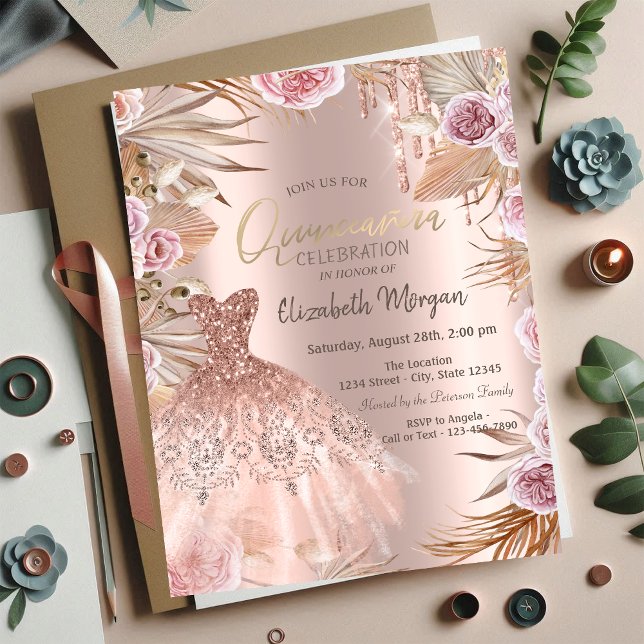 Glitter Drips Dress  Pampas Flowers Quinceañera Invitation (Creator Uploaded)