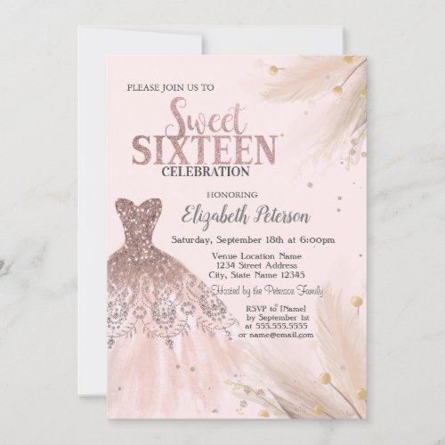 Glitter DripsDressPampas Pink Sweet 16   Invitation