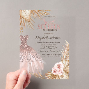 Glitter Drips,Dress,Pampas Rose Gold Sweet 16 Acrylic Invitations
