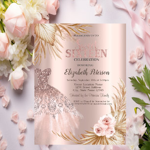 Glitter Drips,Dress,Pampas Rose Gold Sweet 16 Invitation