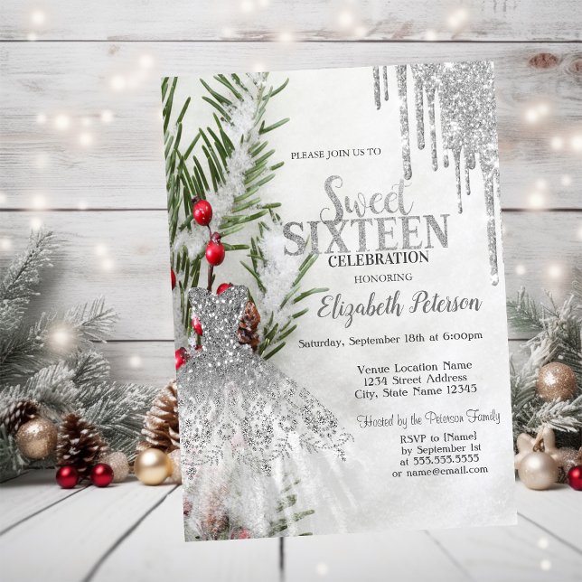 Glitter Drips,Dress Pine Tree Snow Sweet 16 Invitation (Creator Uploaded)