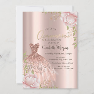 Glitter Drips Dress Pink Flowers Quinceañera Invitation