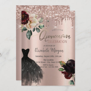 Glitter Drips,Dress,Roses Quinceañera  Invitation