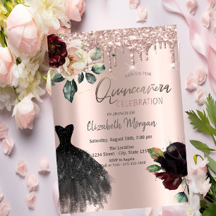Glitter Drips,Dress,Roses Quinceañera Invitation