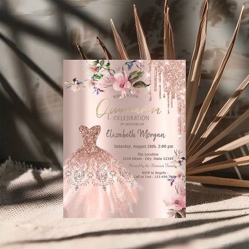 Glitter Drips Dress Spring Flowers Quinceaera Invitation