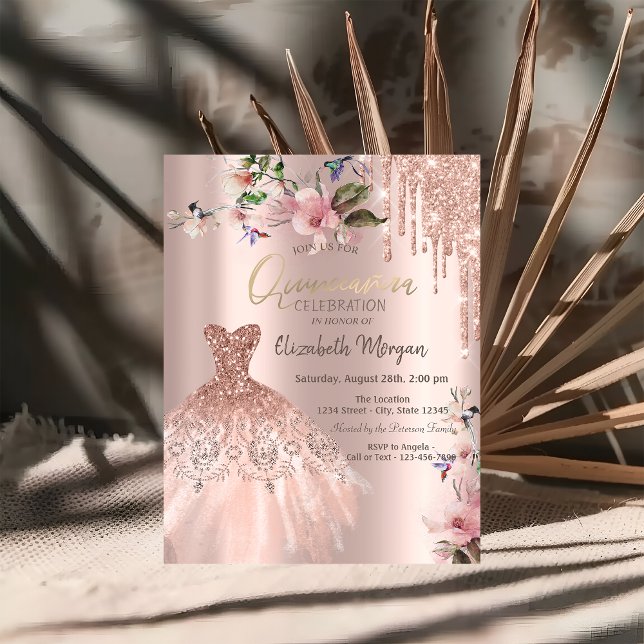 Glitter Drips Dress Spring Flowers Quinceañera Invitation (Creator Uploaded)
