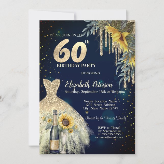 Glitter Drips,Dress,Sunflowers Blue 60th Birthday Invitation (Front)