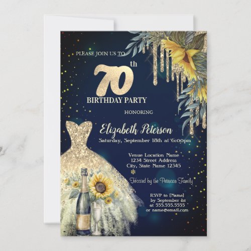 Glitter DripsDressSunflowers Blue 70th Birthday Invitation