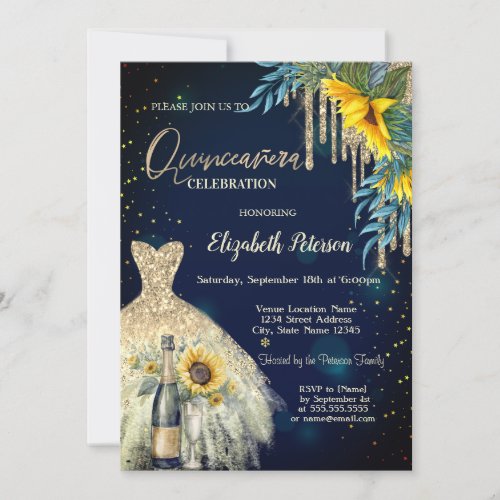 Glitter DripsDressSunflowers Blue Quinceanera Invitation