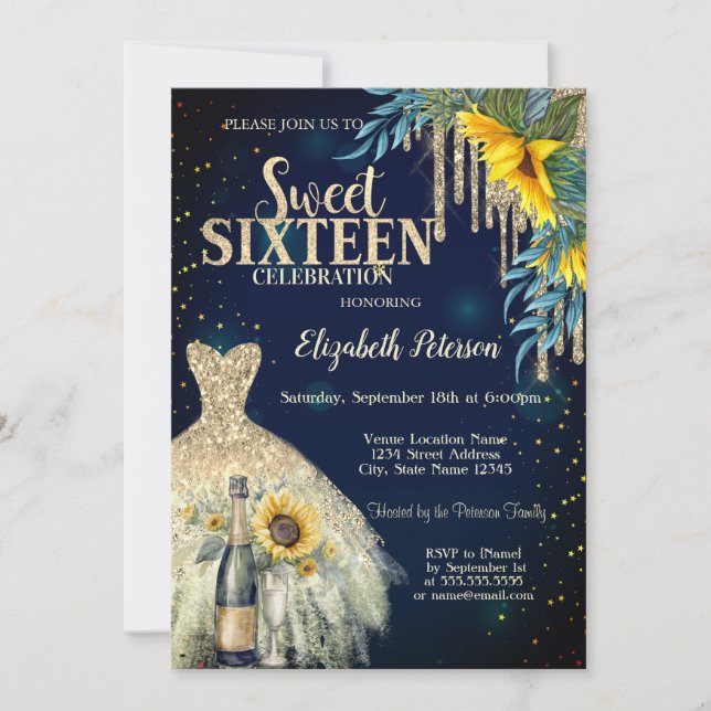 Glitter Drips,Dress,Sunflowers Blue Sweet 16  Invitation (Front)