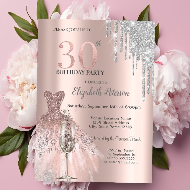 Glitter Drips,Dress Wine Glass 30th Birthday Invitation (Creator Uploaded)