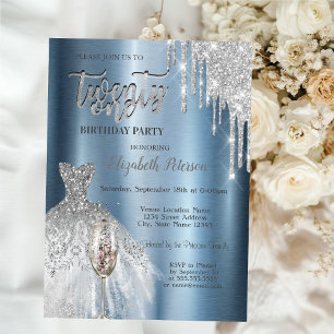 Glitter Drips,Dress Wine Glass Blue Metallic 21st Invitation