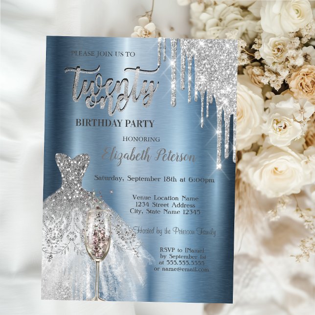 Glitter Drips,Dress Wine Glass Blue Metallic 21st  Invitation (Creator Uploaded)