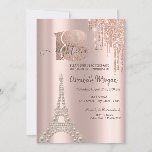 Glitter Drips Eiffel Tower 18th Birthday  Invitation