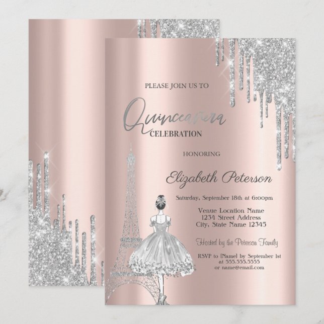 Glitter Drips,Eiffel Tower Ballerina Quinceañera Invitation (Front/Back)