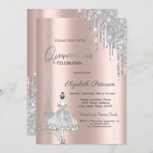 Glitter DripsEiffel Tower Ballerina Quinceaera Invitation