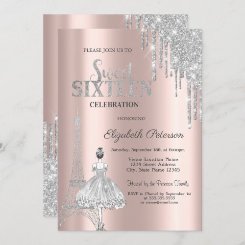 Glitter DripsEiffel Tower Ballerina Sweet 16  Invitation