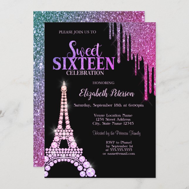  Glitter Drips,Eiffel Tower Black Sweet 16 Invitation (Front/Back)