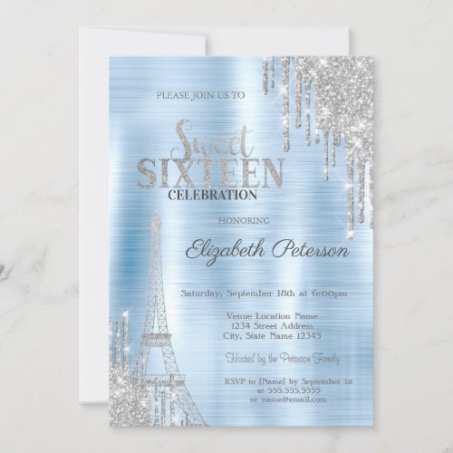 Glitter Drips Eiffel Tower Blue Metallic Sweet 16 Invitation