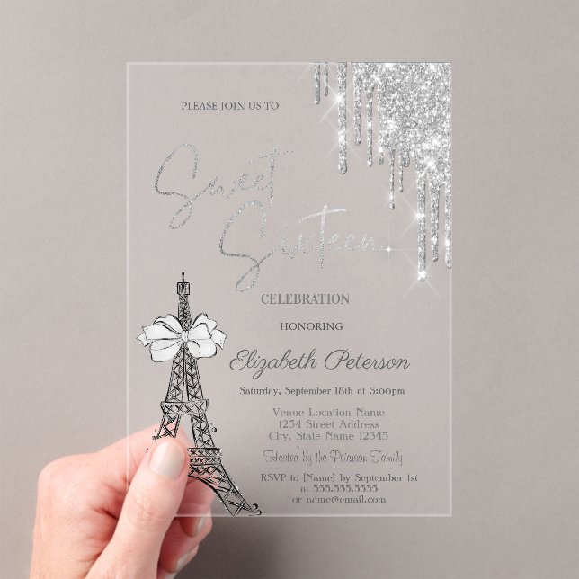  Glitter Drips Eiffel Tower Bow Blue Sweet 16   Acrylic Invitations (Insitu (Handheld))