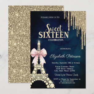 Glitter Drips,Eiffel Tower Bow Navy Blue Sweet 16 Invitation