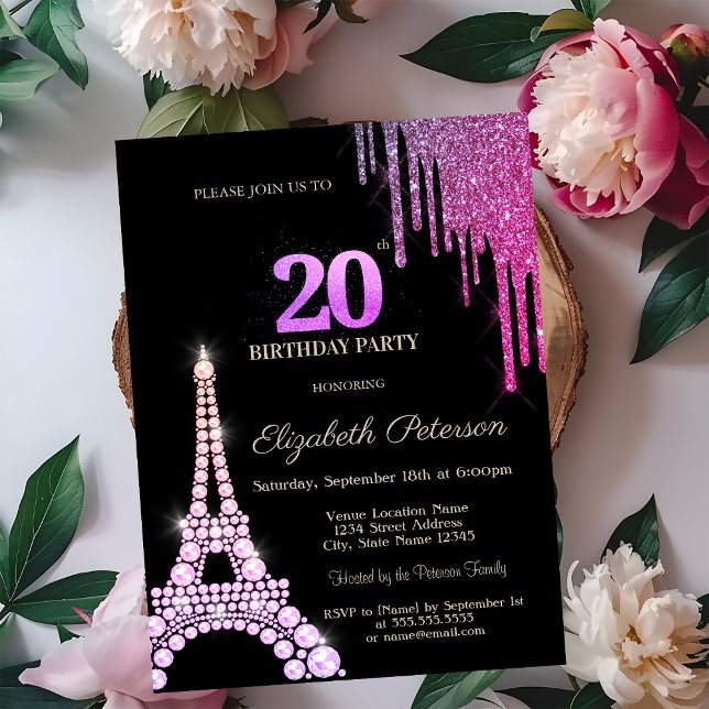 Glitter Drips,Eiffel Tower Diamonds 20th Birthday Invitation (Creator Uploaded)