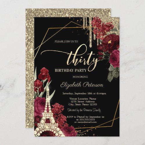 Glitter DripsEiffel Tower Diamonds Roses 30th  Invitation