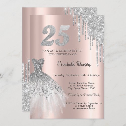 Glitter Drips Eiffel Tower Dress 25th Birthday Invitation