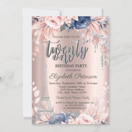  Glitter DripsEiffel Tower Flowers 21th Birthday  Invitation