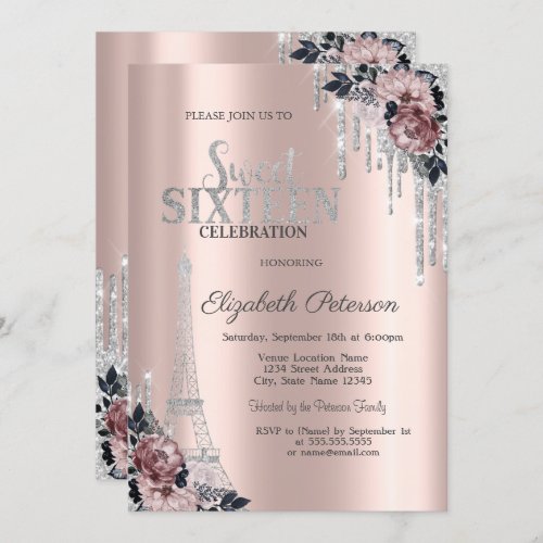 Glitter Drips Eiffel Tower Flowers Sweet 16 I Invitation