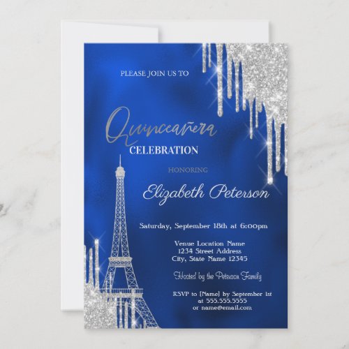 Glitter Drips, Eiffel Tower Royal Blue Quinceañera