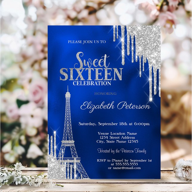 Glitter Drips, Eiffel Tower Royal Blue Sweet 16 Invitation (Creator Uploaded)