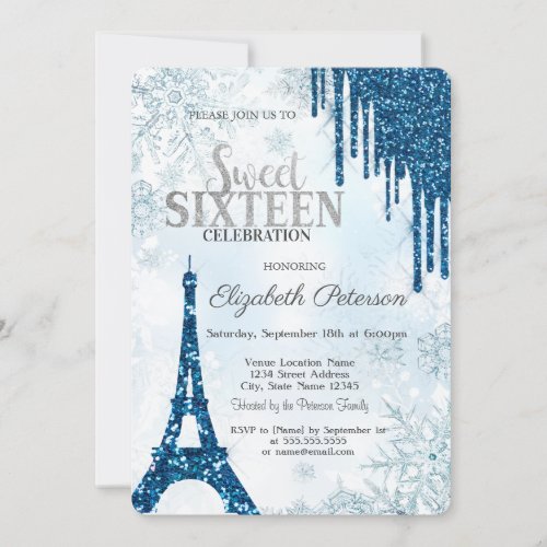 Glitter DripsEiffel Tower Snowflakes Sweet 16 Invitation