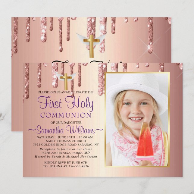 Glitter Drips Elegant Photo First Communion Invitation (Front/Back)