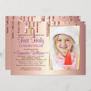 Glitter Drips Elegant Photo First Communion Invitation