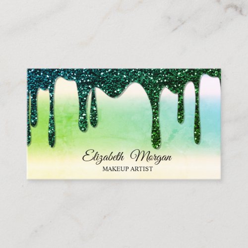 Glitter Drips Elegant Professional Green Business Card