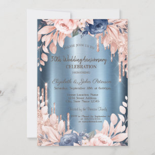 Glitter Drips Floral Blue Wedding Anniversary Invitation